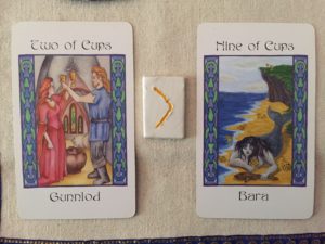 Draw June 7, 2016: Gunnlod/Two of Cups; Kenaz-reversed; Bara/Nine of Cups