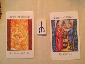 Draw June 8, 2016: Glut, Einmyria & Eisa/Three of Wands; Chalc, reversed; Gunnlod/Two of Cups.