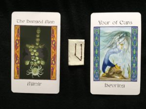 Mimir/Hanged Man; Uruz, reversed; Hevring/Four of Cups