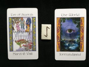 Narvi & Vali/Ten of Swords; Eihwaz; Jormundgand/The World