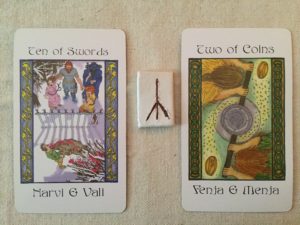 Draw May 12, 2016: Narvi & Vali/Ten of Swords; Algiz (reversed); Fenja & Menja/Two of Coins