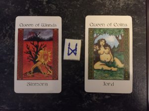 Draw May 23, 2016: Active Influence—Sinmora/Queen of Wands; Rune—Mannaz, reversed; Hidden Influence—Jord/Queen of Coins.